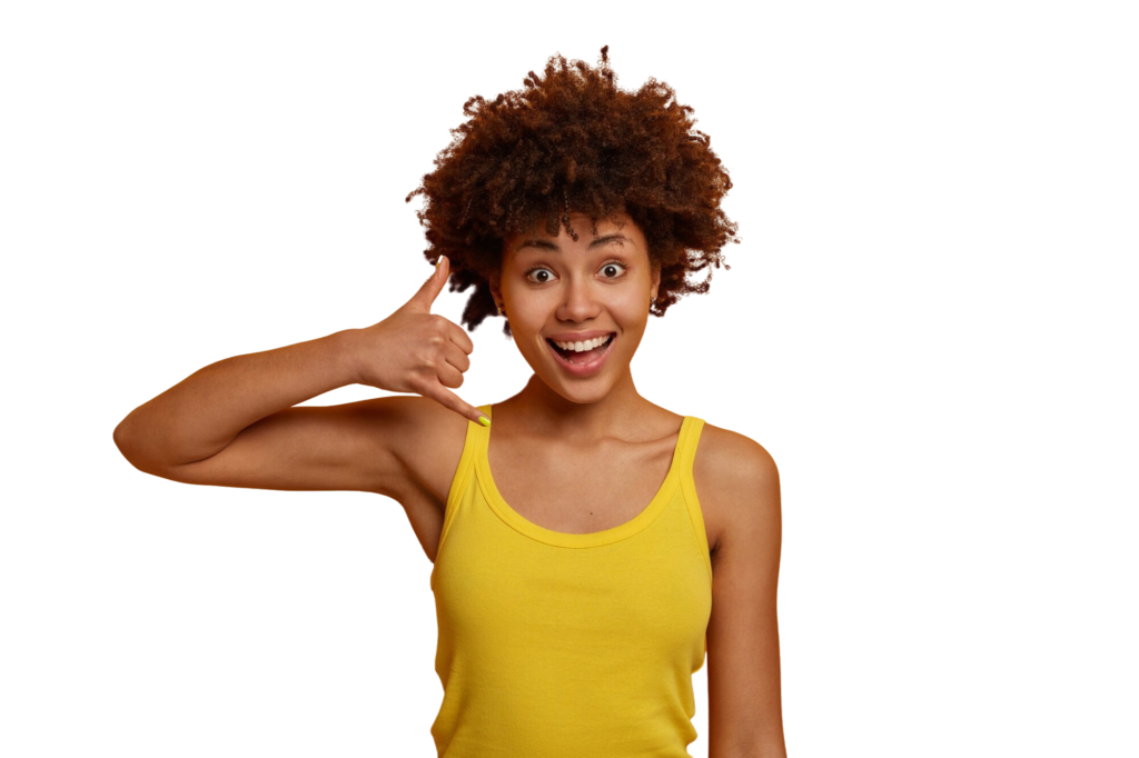 friendly-positive-woman-shows-phone-sign-wants-have-conversation-keeps-contact-with-close-people-speaks-person-distantly-dressed-yellow-vest-stands-indoor-gives-her-telephone-number