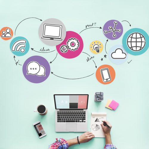 Aerial view of woman working on social media